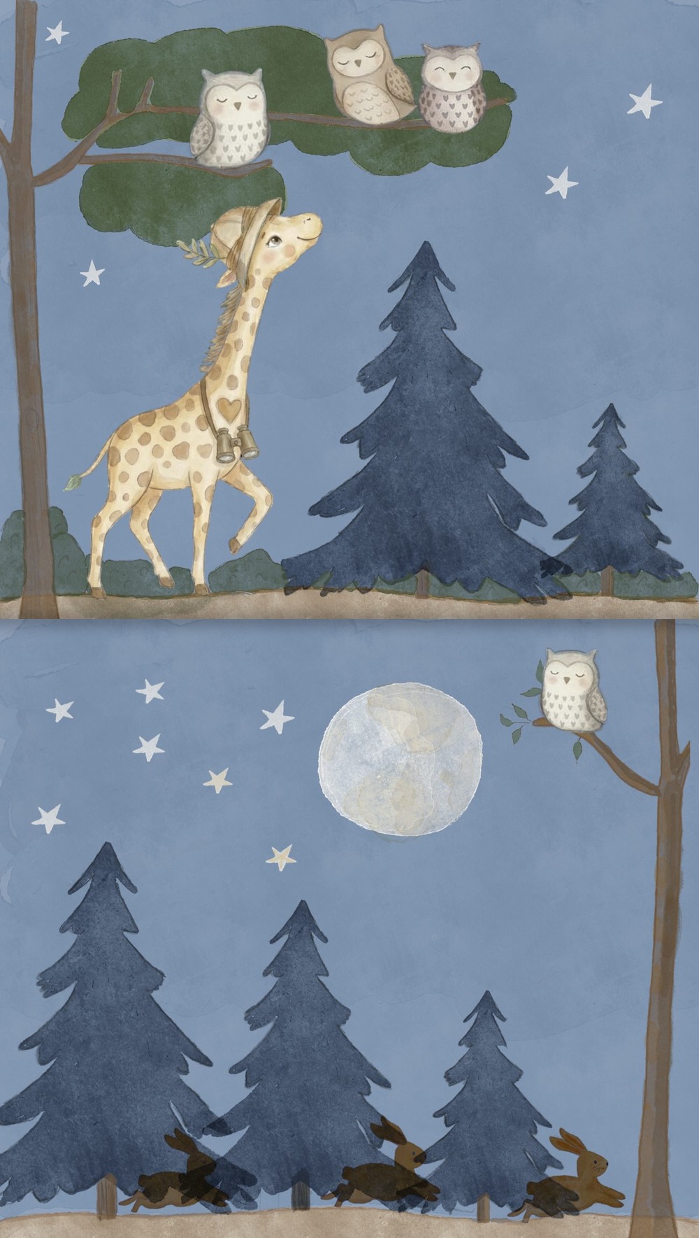 Duas páginas do livro: a Gigi olhando três corujas, e a lua e as estrelas sobre a floresta